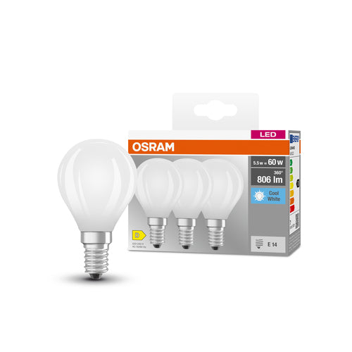 OSRAM LED BASE RETRO MATT CLP LED-Lampen, klassische Miniballform 5,5W E14 840, 3er Pack , Kaltweiß-Leuchtmittel-LEDVANCE Shop