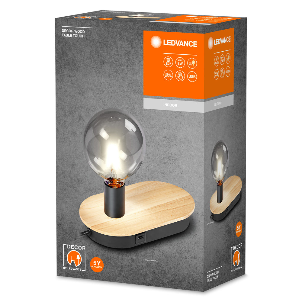 LEDVANCE DECOR Wood Touch Tischleuchte USB, schwarz/holz, E27-Tischlampen-LEDVANCE Shop