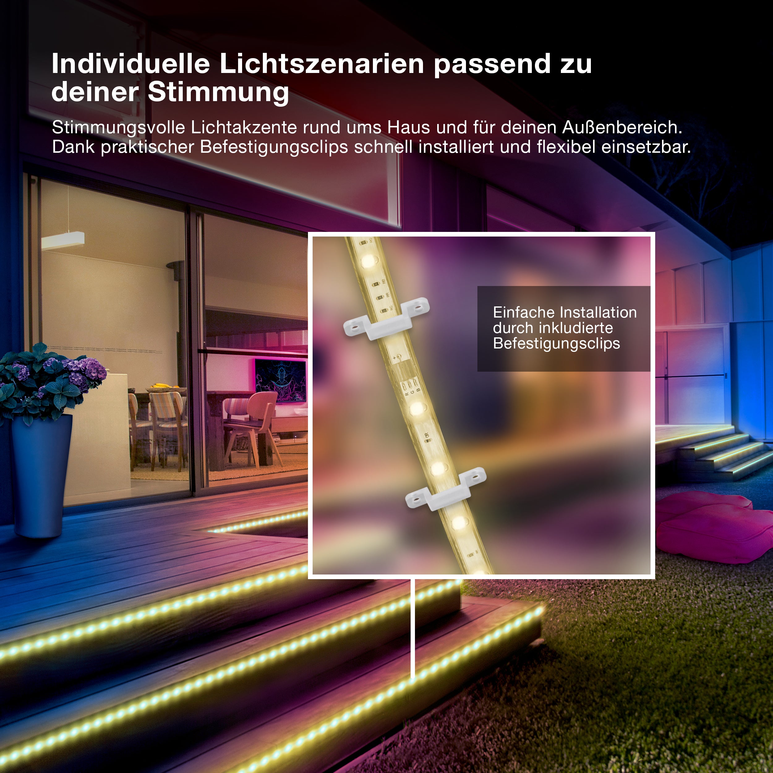 OSRAM Outdoor Flex RGB LED Streifen 20M IP65, inkl. Fernbedienung, bis 50 m erweiterbar, mit Kabeltrommel, Anschlusskabel, Zubehör