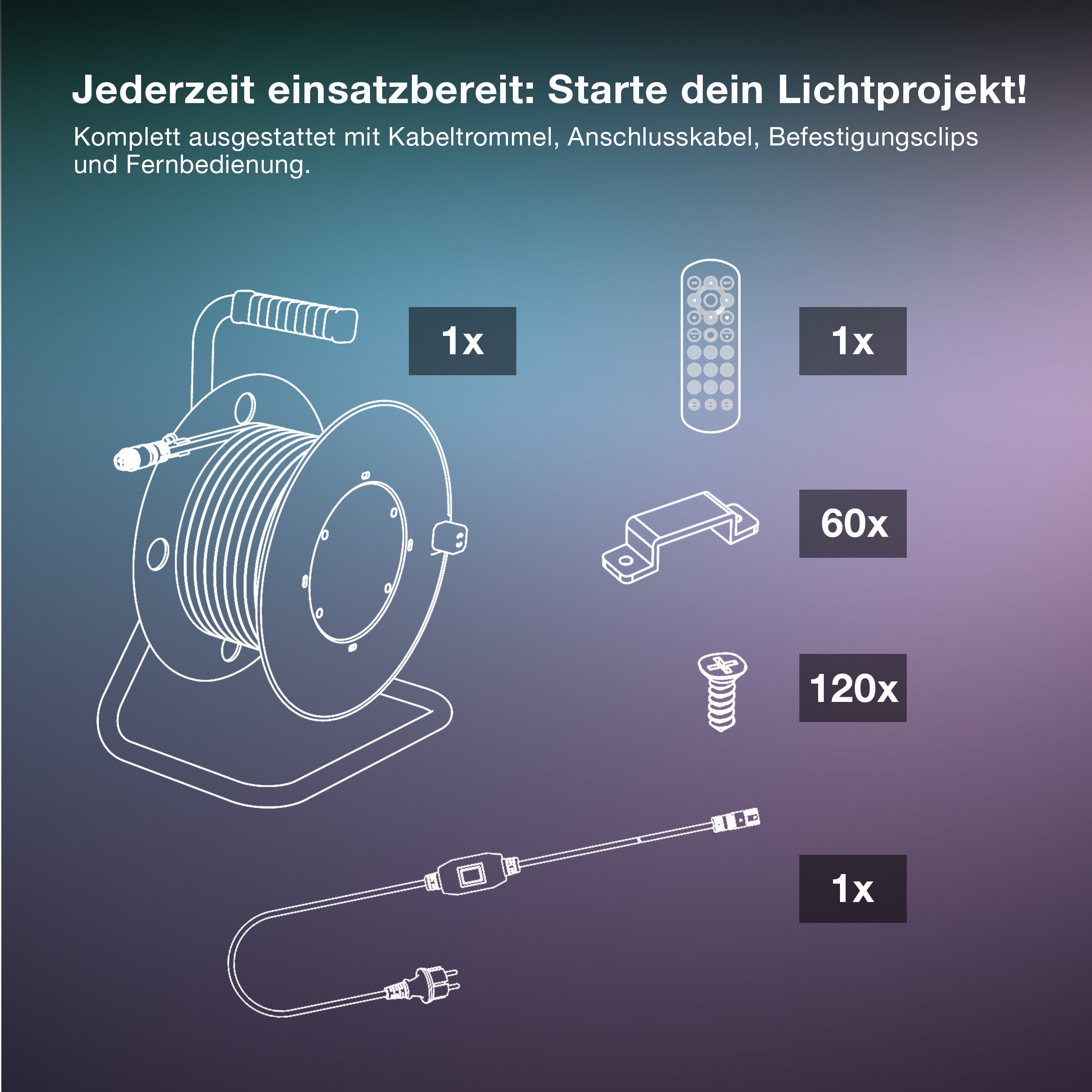 OSRAM Outdoor Flex RGB LED Streifen 20M IP65, inkl. Fernbedienung, bis 50 m erweiterbar, mit Kabeltrommel, Anschlusskabel, Zubehör