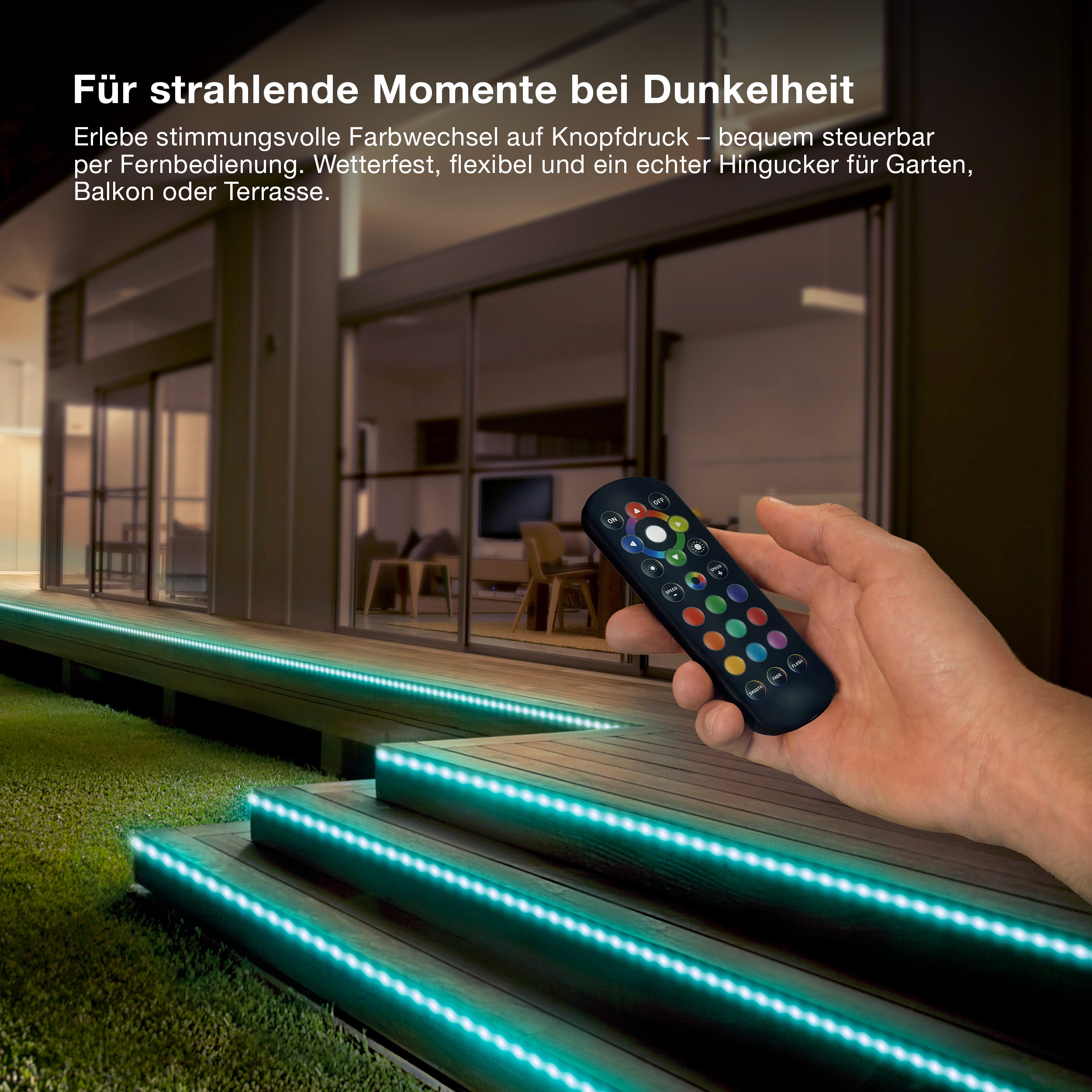 OSRAM Outdoor Flex RGB LED Streifen 10M IP65, inkl. Fernbedienung, bis 50 m erweiterbar, mit Kabeltrommel, Anschlusskabel, Zubehör