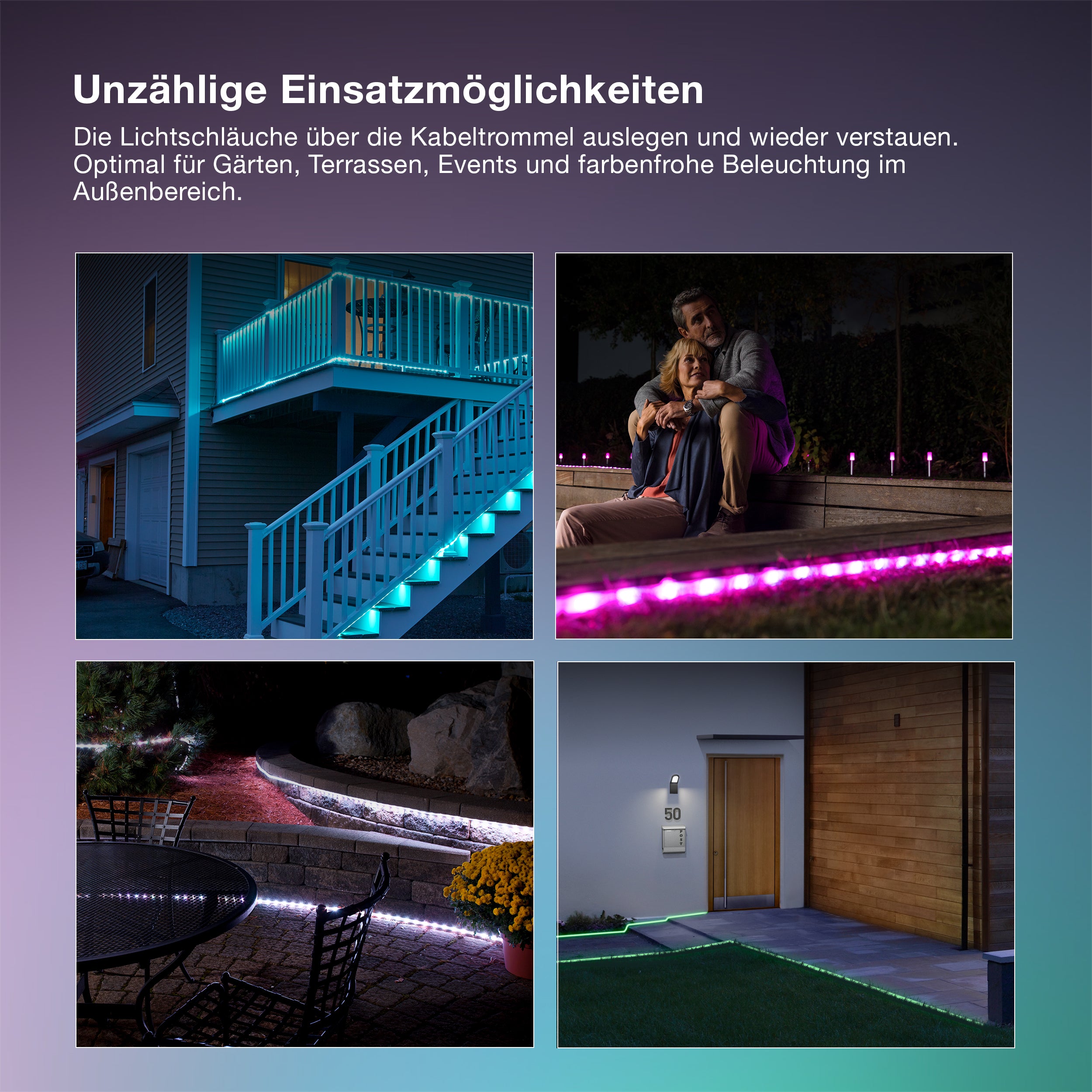 OSRAM Outdoor Flex RGB LED Streifen 10M IP65, inkl. Fernbedienung, bis 50 m erweiterbar, mit Kabeltrommel, Anschlusskabel, Zubehör