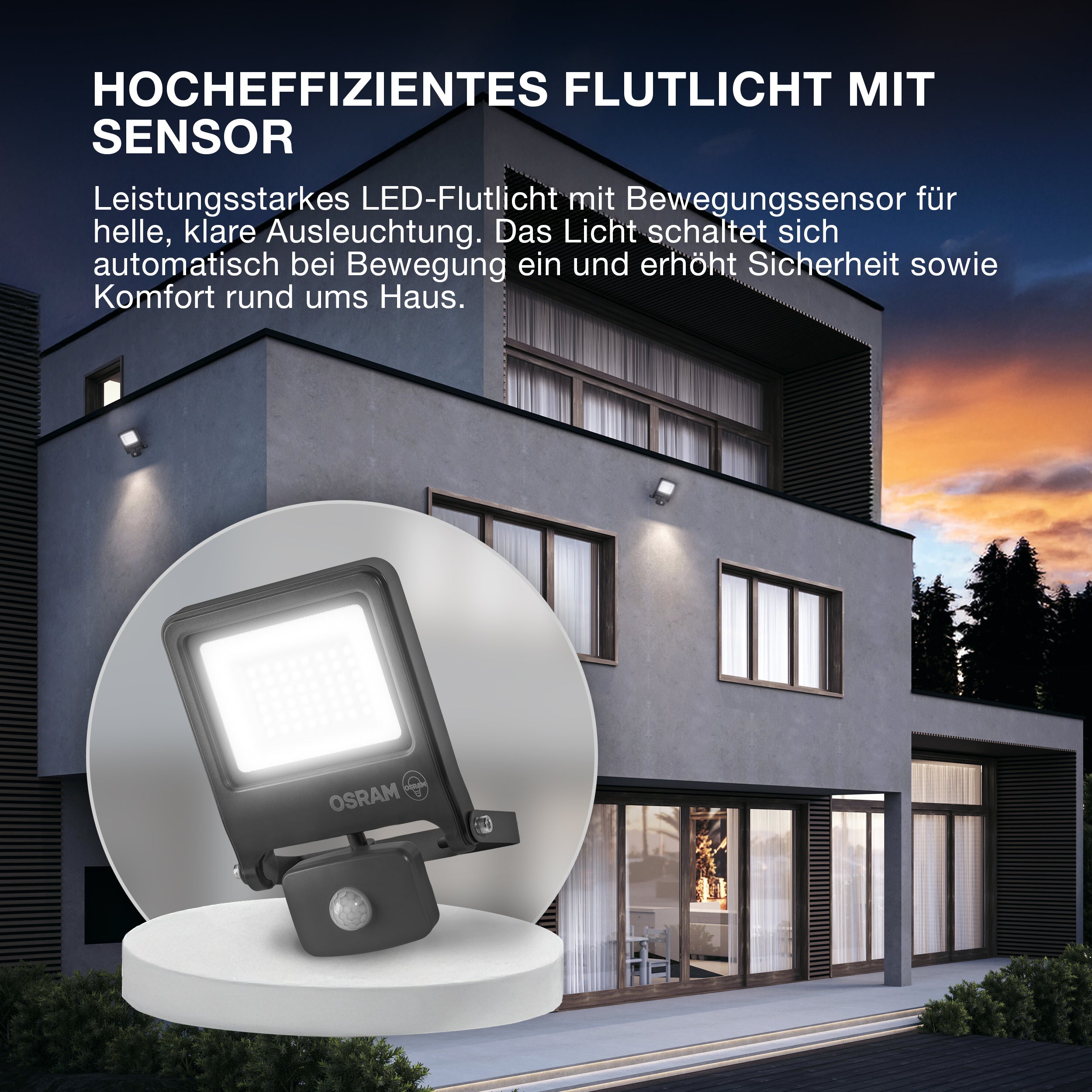 OSRAM ENDURA FLOOD PC 50W LED-Fluter mit Sensor, 3000K warmweiß, 5000 Lumen, IP44 Flutlicht PIR-Melder, Dämmerungsfunktion 2-1000 Lux