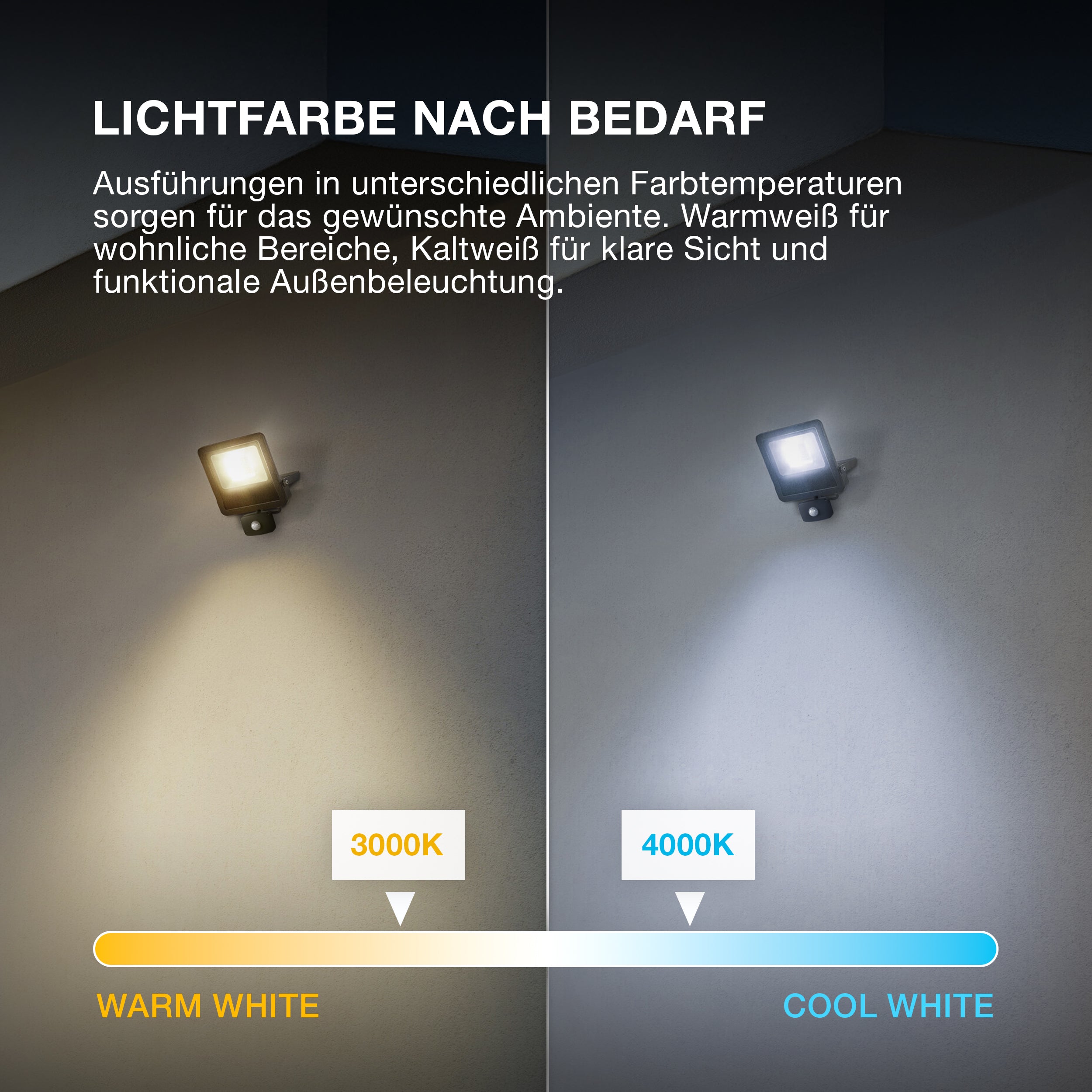 OSRAM ENDURA FLOOD PC 30W LED-Fluter mit Sensor, 3000K warmweiß, 3000 Lumen, IP44 Flutlicht Bewegungsmelder 9m, Zeit-Steuerung 5s-10min