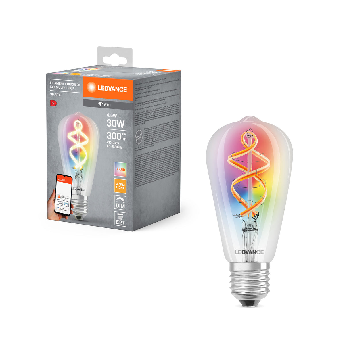 LEDVANCE SMART+ WiFi Filament Edison RGBW , LED-Lampe, Bleifreies Glas, Klar, 4,5 W, (ex 30 W), 300 lm, Warmweiß, 2700 K, Wifi, Smartspeaker-Kompatibel, Dimmbar