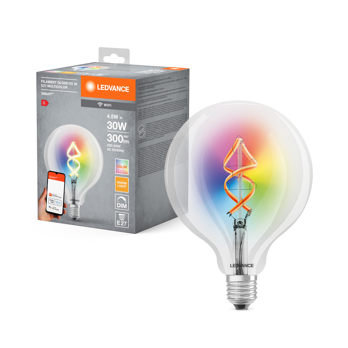 LEDVANCE SMART+ WiFi Filament Globe RGBW , LED-Lampe, Bleifreies Glas, Klar, 4,5 W, (ex 30 W), 300 lm, Warmweiß, 2700 K, Wifi, Smartspeaker-Kompatibel, Dimmbar