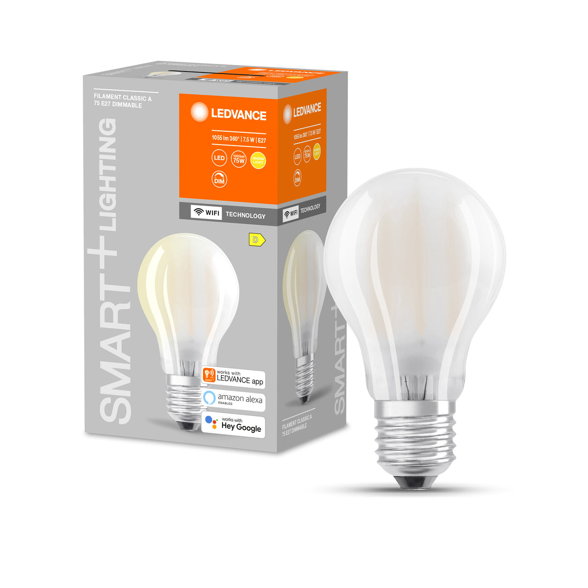 LEDVANCE SMART+ WiFi Filament Classic Dimmable , LED-Lampe, Bleifreies Glas, Matt, 7,5 W, (ex 75 W), 1055 lm, Warmweiß, 2700 K, Wifi, Smartspeaker-Kompatibel, Dimmbar