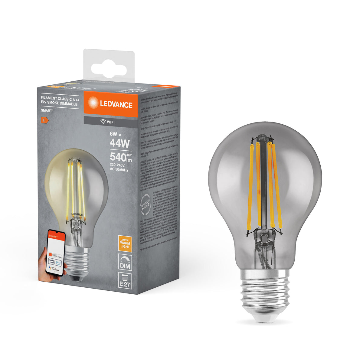 LEDVANCE SMART+ WiFi Filament Classic Dimmable , LED-Lampe, Bleifreies Glas, Smoke, 6 W, (ex 44 W), 540 lm, Warmweiß, 2500 K, Wifi, Smartspeaker-Kompatibel, Dimmbar