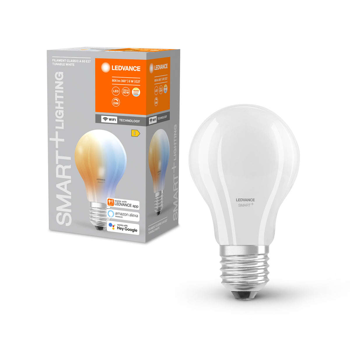 LEDVANCE SMART+ WiFi Filament Classic Tunable White in A-Form, LED-Lampe, Bleifreies Glas, Matt, 6 W, 806 lm, Lichtfarbe variabel, Wifi, Smartspeaker-Kompatibel, Dimmbar