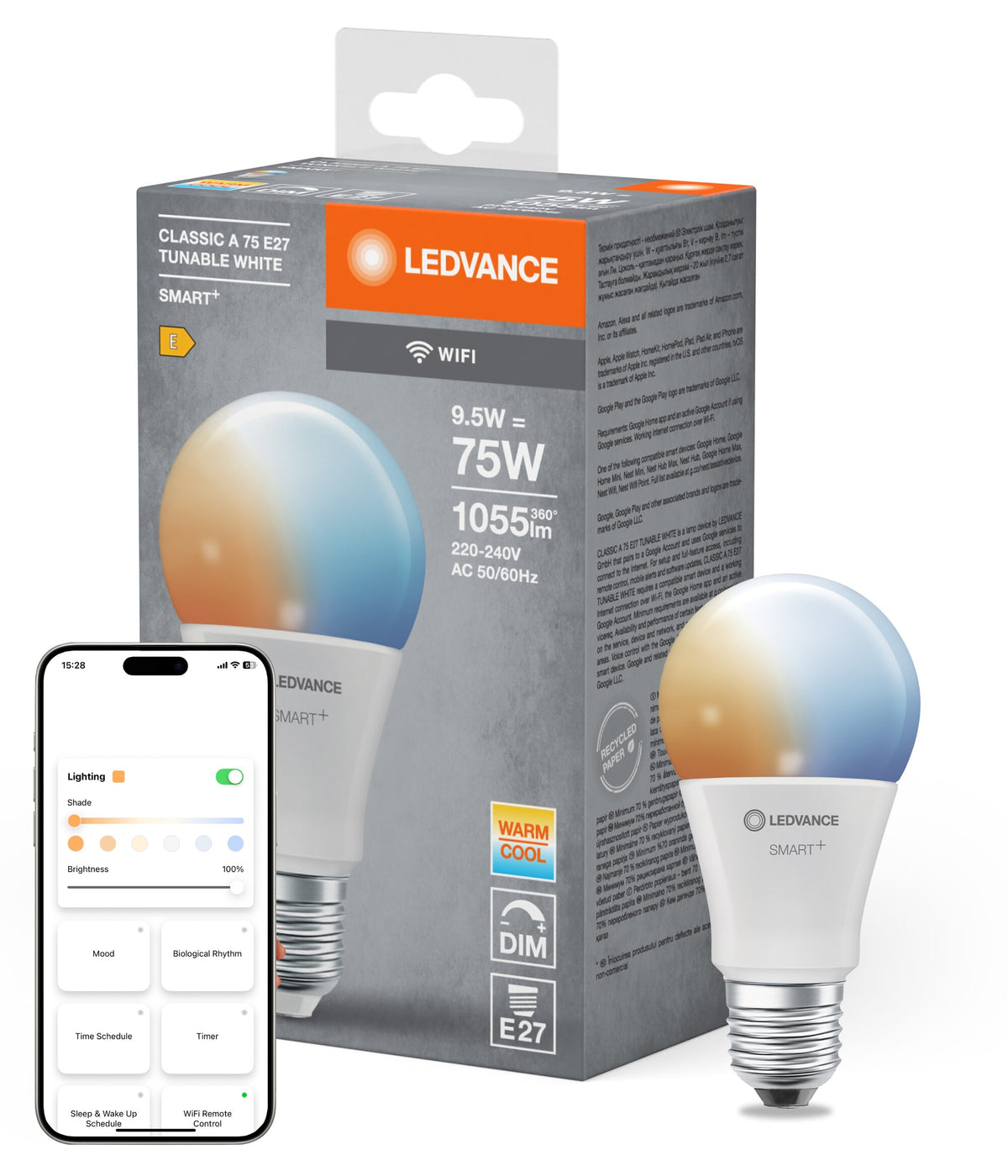 LEDVANCE SMART+ WiFi Classic Tunable White in A-Form, LED-Lampe, Matt, 9,5 W, (ex 75 W), 1055 lm, Lichtfarbe variabel, Wifi, Smartspeaker-Kompatibel, Dimmbar