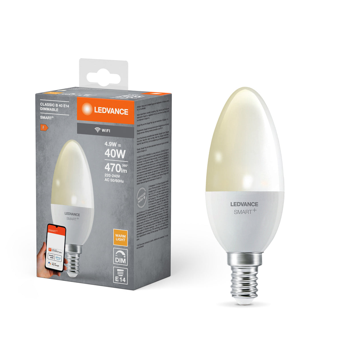 LEDVANCE SMART+ WiFi Candle Dimmable in B-Form, LED-Lampe, Matt, 4,9 W, (ex 40 W), 470 lm, Warmweiß, 2700 K, Wifi, Google Assistant, Amazon Alexa, Dimmbar, 20000 h