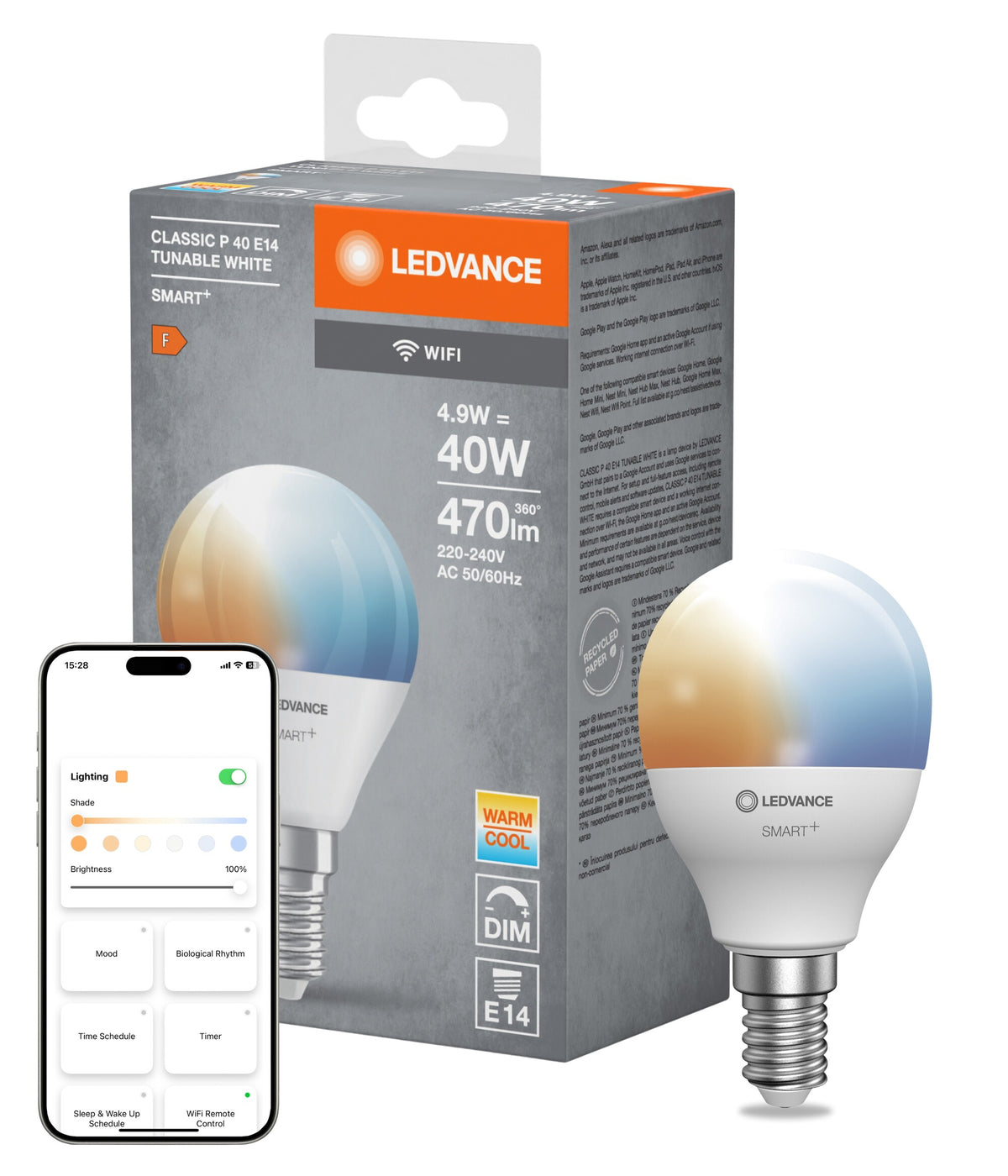 LEDVANCE SMART+ WiFi Mini Bulb Tunable White in P-Form, LED-Lampe, Matt, 4,9 W, (ex 40 W), 470 lm, Lichtfarbe variabel, von 2700 bis 6500 K, Wifi, Dimmbar