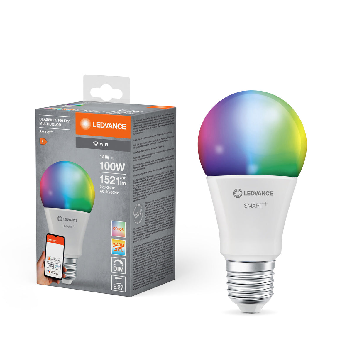 LEDVANCE SMART+ WiFi Classic Multicolour in A-Form, LED-Lampe, Matt, 14 W, (ex 100 W), 1521 lm, RGBW, von 2700 bis 6500 K, Wifi, Google Assistant, Amazon Alexa, Dimmbar