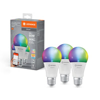 LEDVANCE SMART+ WiFi Classic Multicolour in A-Form, LED-Lampe, Matt, 9 W, (ex 60 W), 806 lm, RGBW, von 2700 bis 6500 K, Wifi, Smartspeaker-Kompatibel, Dimmbar, 3er