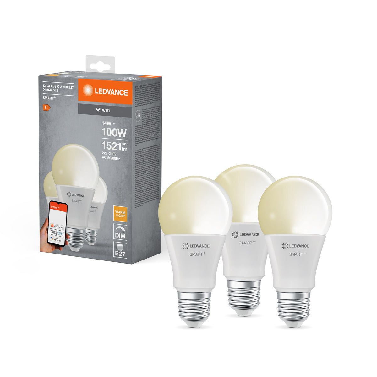 LEDVANCE SMART+ WiFi Classic Dimmable in A-Form, LED-Lampe, Matt, 14 W, (ex 100 W), 1521 lm, Warmweiß, 2700 K, Wifi, Smartspeaker-Kompatibel, Dimmbar, 3er