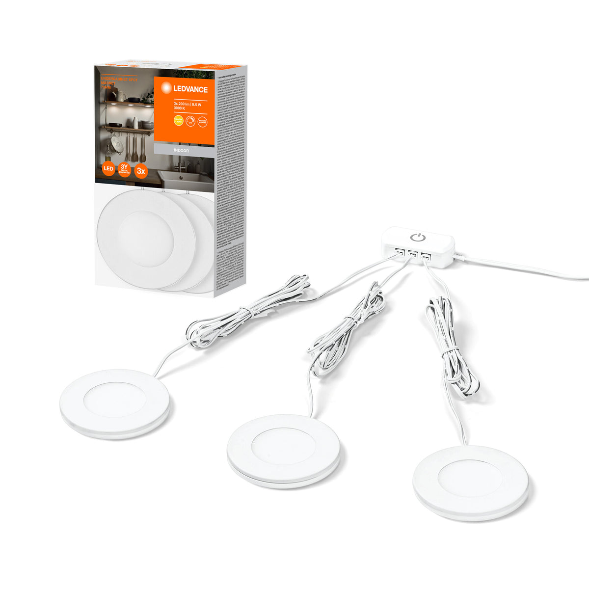 LEDVANCE Unterschrankleuchte 75MM 830LEDV, 8,5W, 3x230lm, rundes Design und warmweißes Licht (3000K), Set aus drei Unterschrankleuchten mit integriertem LED-Modul, Schutzklasse IP20