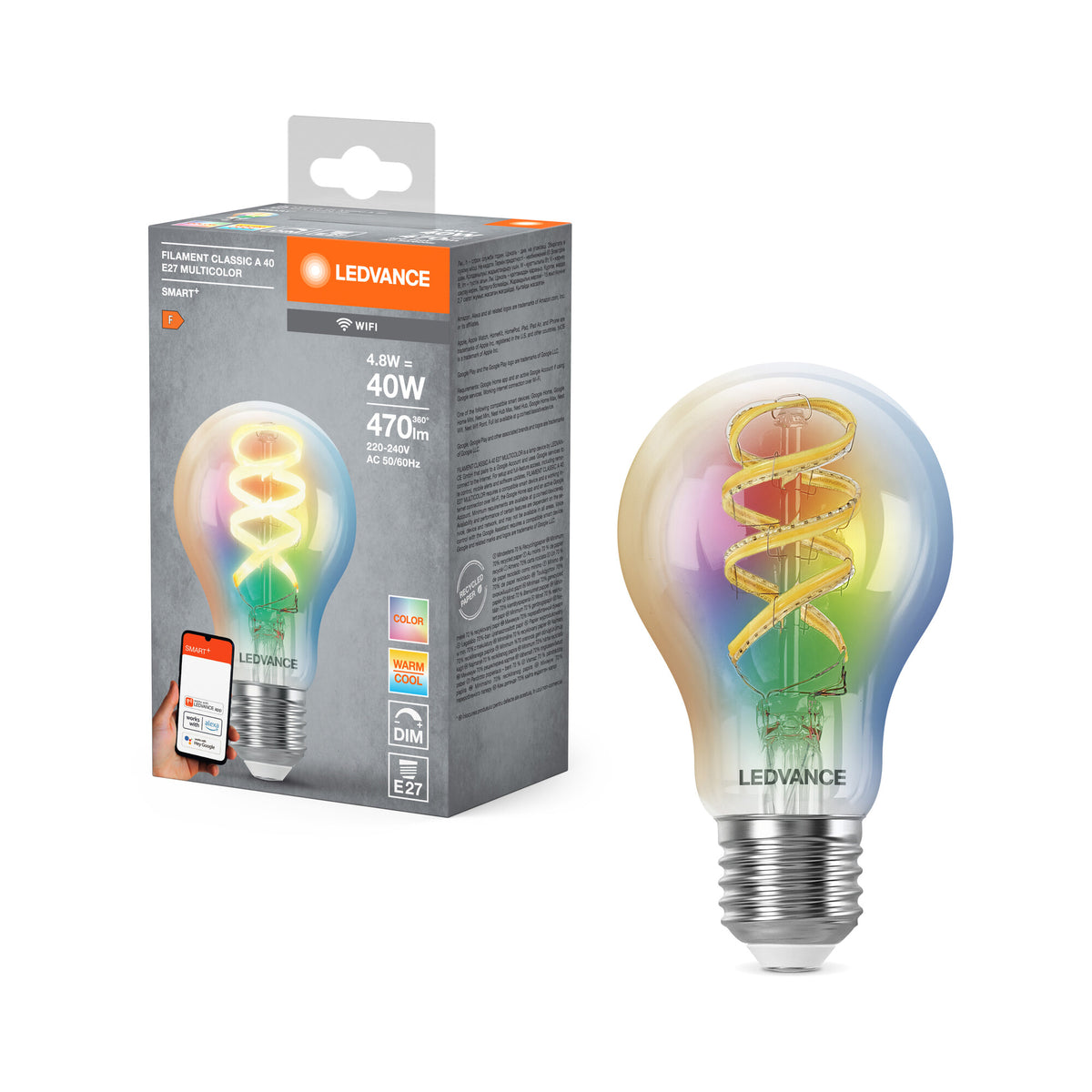 LEDVANCE SMART+WIFI Filament Classic RGBTW , LED-Lampe, Bleifreies Glas, Klar, 4,8 W, (ex 40 W), 470 lm, RGBW, 2700 K, Wifi, Smartspeaker-Kompatibel, Dimmbar
