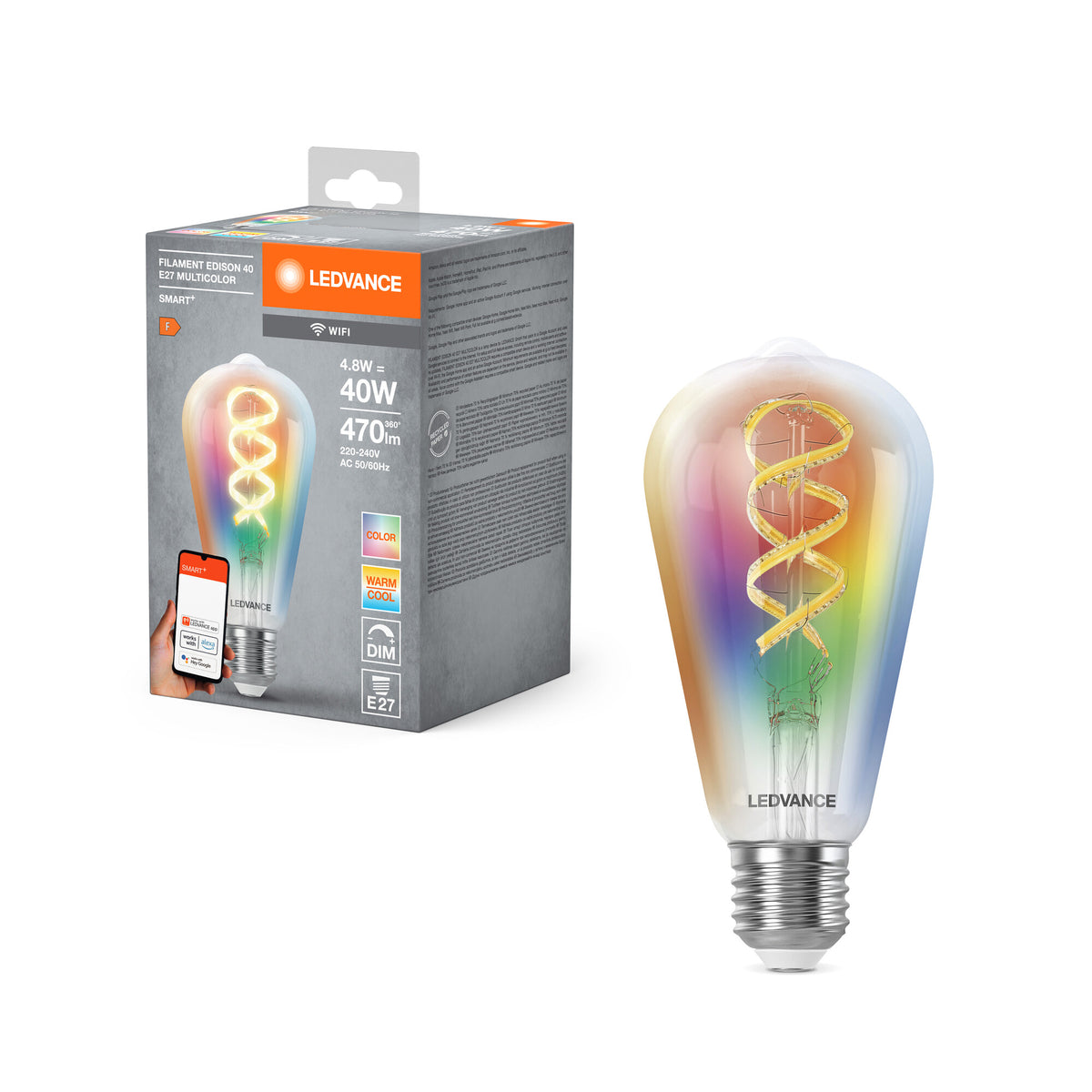 LEDVANCE SMART+WIFI Filament Edison RGBTW , LED-Lampe, Bleifreies Glas, Klar, 4,8 W, (ex 40 W), 470 lm, RGBW, 2700 K, Wifi, Smartspeaker-Kompatibel, Dimmbar