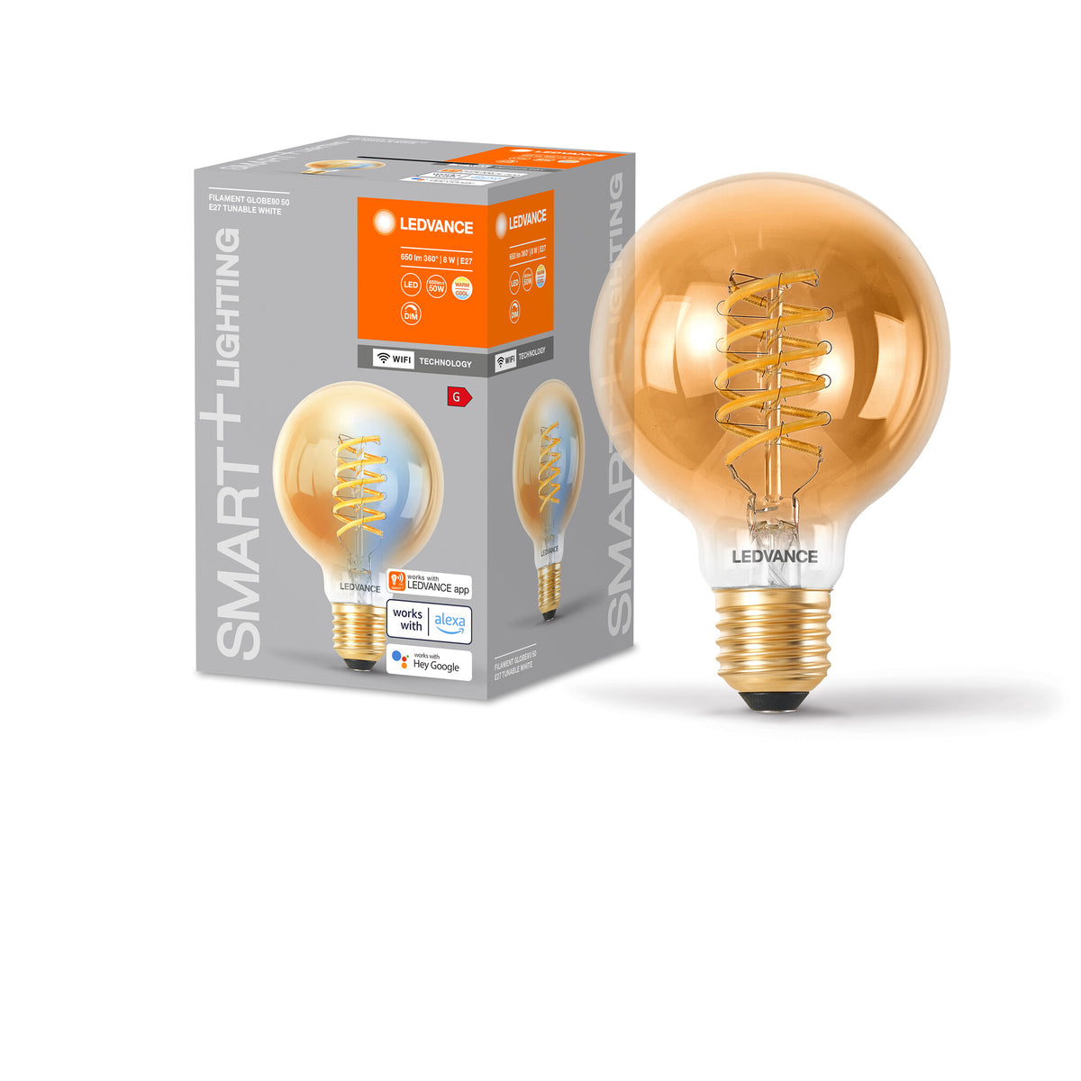 LEDVANCE Smart+ WiFi Filament Globe Tunable White 2200K in G80-Form, LED-Lampe, Bleifreies Glas, Gold, 600 lm, Lichtfarbe variabel, Wifi, Smartspeaker-Kompatibel, Dimmbar
