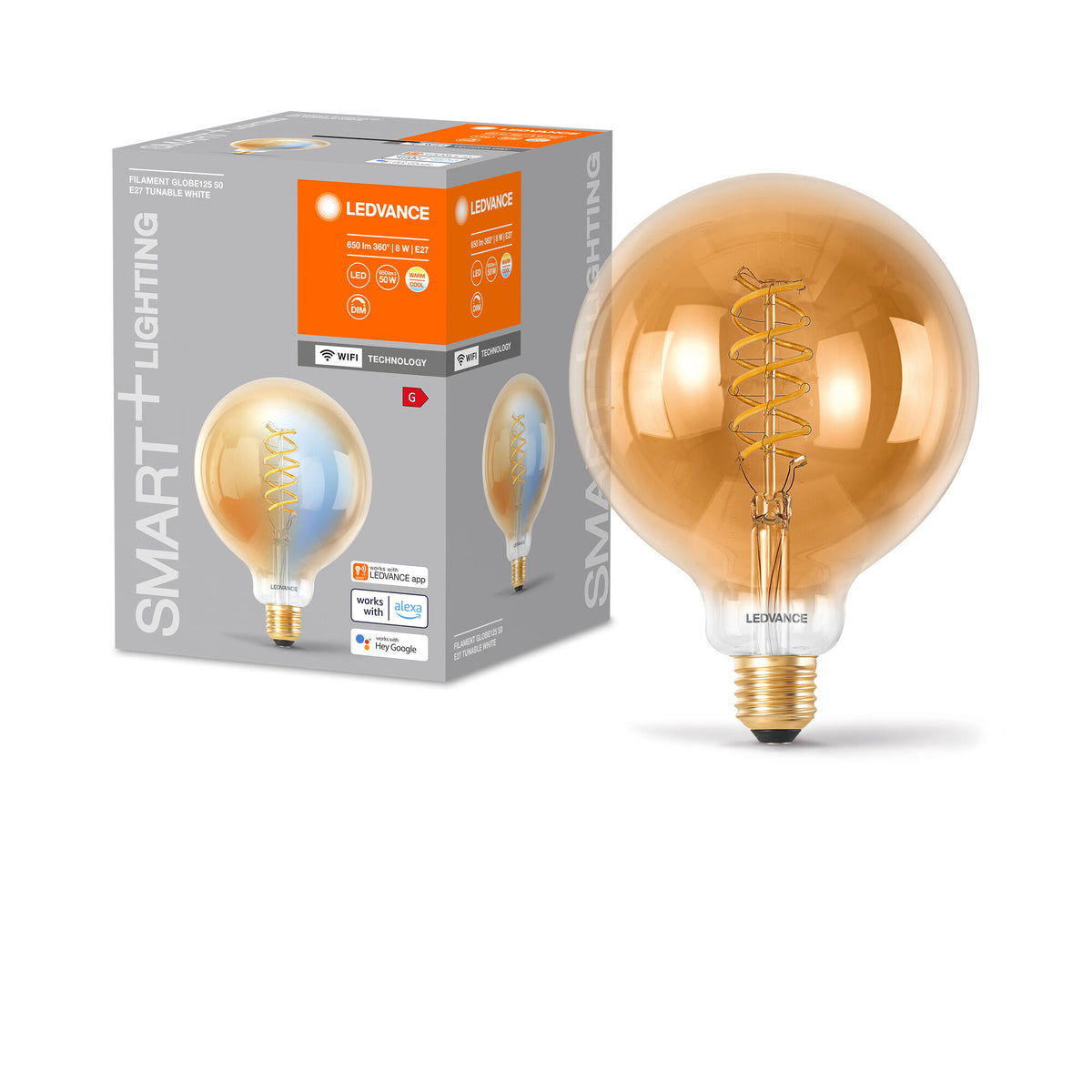LEDVANCE Smart+ WiFi Filament Globe Tunable White 2200K in G125-Form, LED-Lampe, Bleifreies Glas, 600 lm, Lichtfarbe variabel, Wifi, Smartspeaker-Kompatibel, Dimmbar