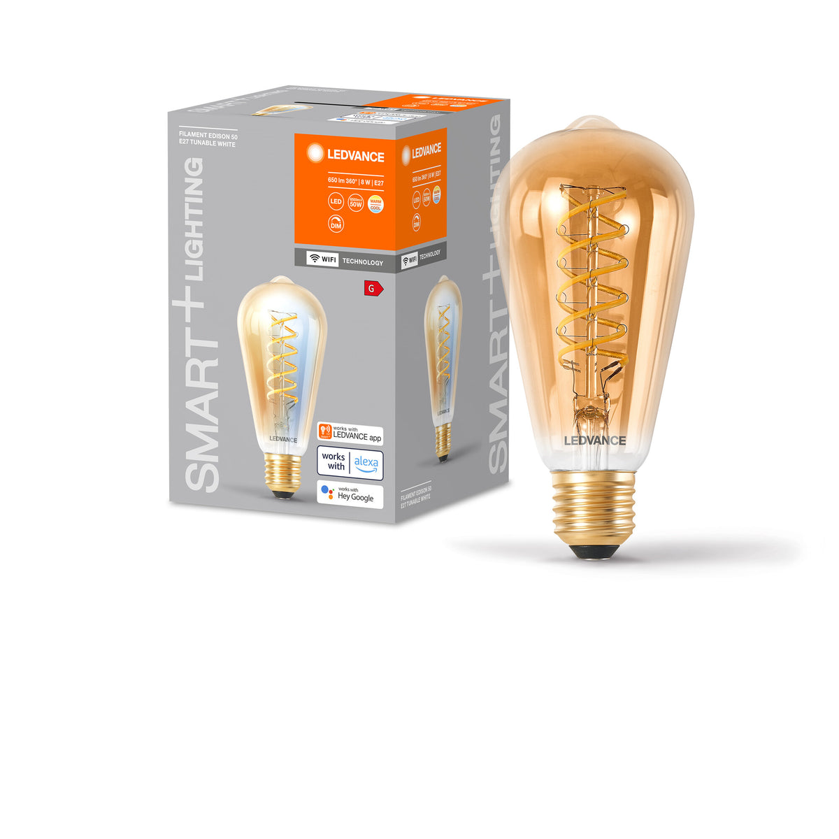 LEDVANCE Smart+ WiFi Filament Edison Tunable White 2200K in Edison-Form-Form, LED-Lampe, Bleifreies Glas, Gold, 8 W, (ex 50 W), 600 lm, Lichtfarbe variabel, Wifi, Dimmbar