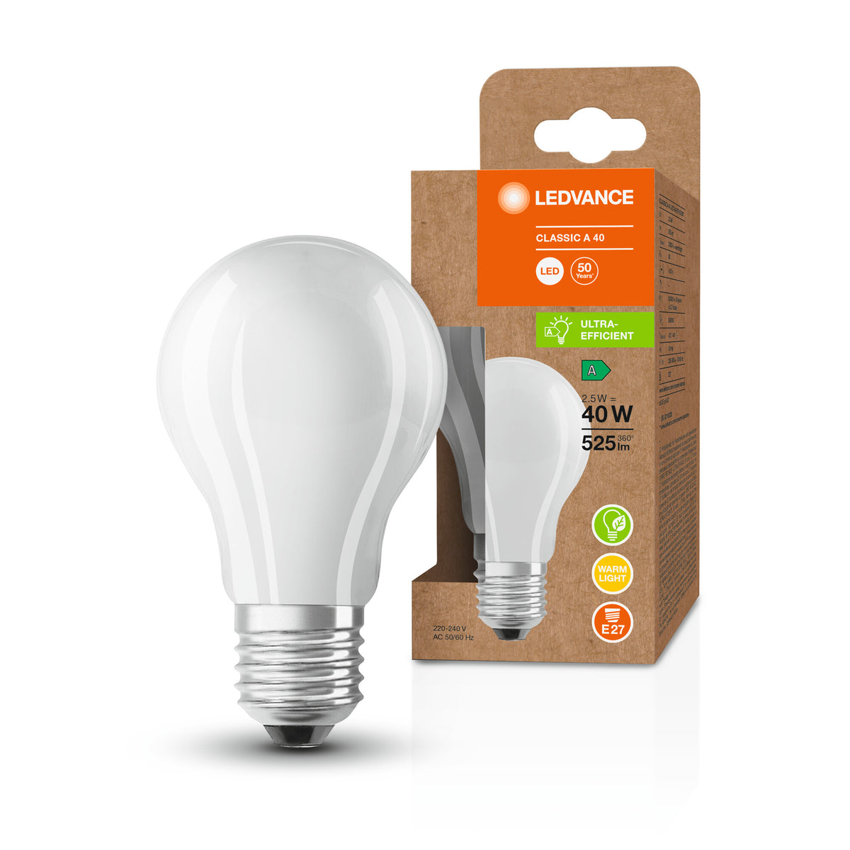 LEDVANCE LED CLASSIC A ENERGY EFFICIENCY A S , LED-Lampe, Bleifreies Glas, Matt, 2,5 W, (ex 40 W), 525 lm, Warmweiß, 3000 K, Energieeffizienzklasse: A, 50000 h, CRI ≥80