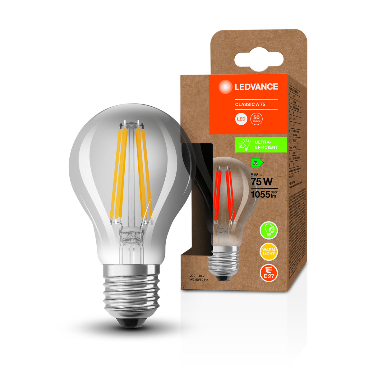 LEDVANCE LED CLASSIC A ENERGY EFFICIENCY A S , LED-Lampe, Bleifreies Glas, Klar, 5 W, (ex 75 W), 1055 lm, Warmweiß, 3000 K, 50000 h, CRI ≥80