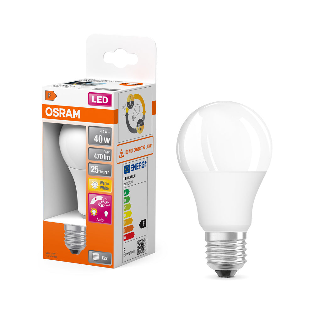 OSRAM DAYLIGHT SENSOR CLASSIC A LED Lampe 4.9W 827 Frosted E27, 470 lm, 2700 K, Warmweiß-LEDVANCE Shop