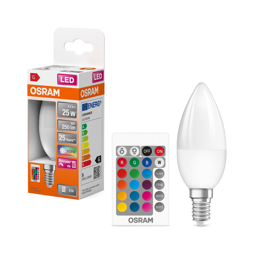 OSRAM LED Lampe LED Retrofit RGBW lamps with remote control 4.2W 827 Frosted E14 B-Form, 250 lm, 2700 K, Warmweiß-LEDVANCE Shop