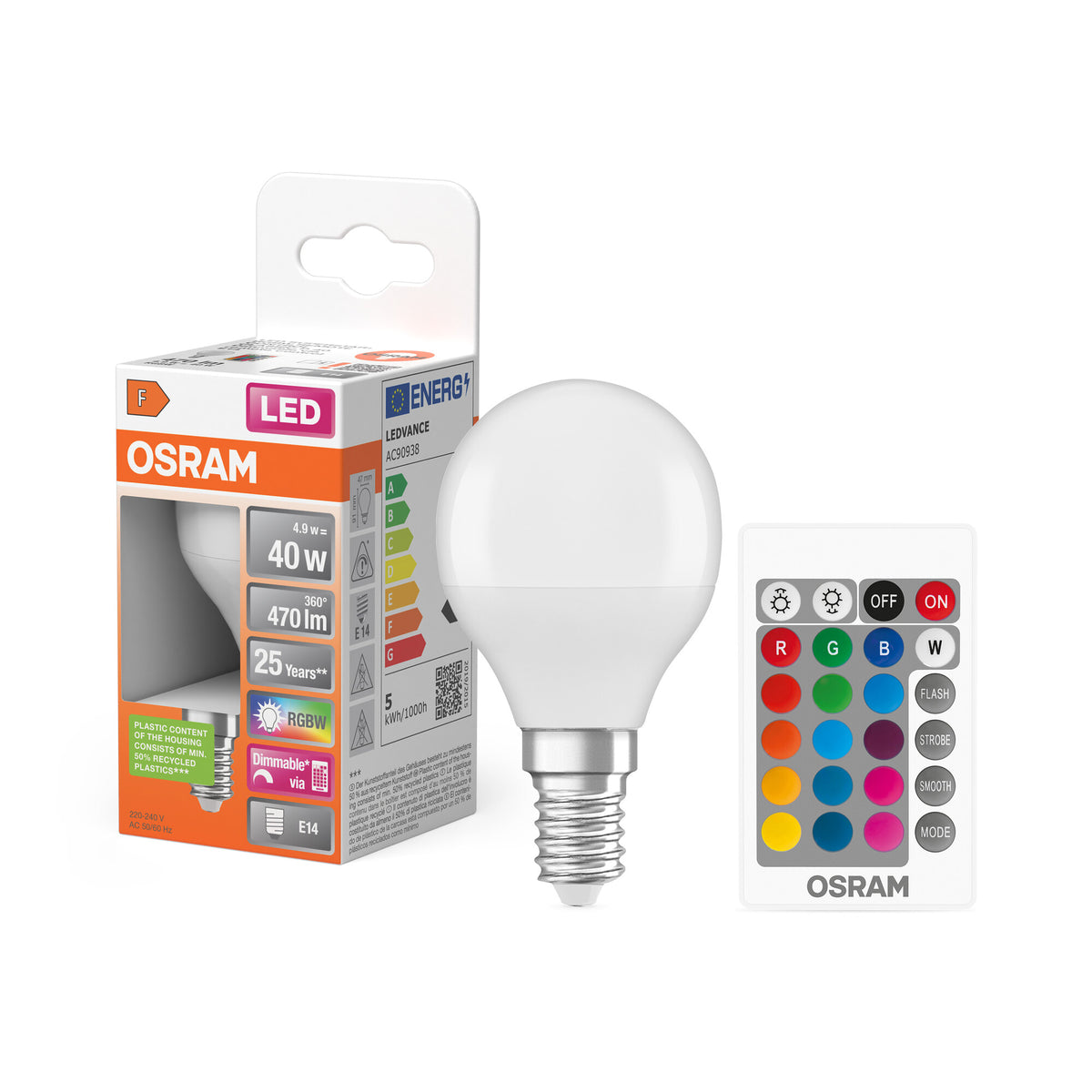 OSRAM LED Retrofit RGBW lamps with remote control in P-Form, LED-Lampe, Matt, 4,9 W, (ex 40 W), 470 lm, Warmweiß, 2700 K, Dimmbar, 25000 h, CRI 80, Fernbedienung
