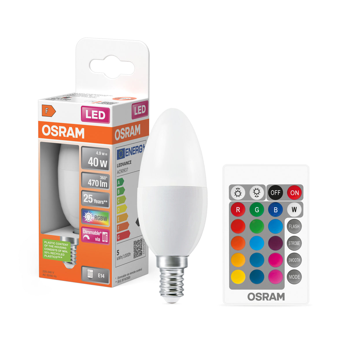 OSRAM LED Retrofit RGBW lamps with remote control in B-Form, LED-Lampe, Matt, 4,9 W, (ex 40 W), 470 lm, Warmweiß, 2700 K, Dimmbar, 25000 h, CRI 80, Fernbedienung