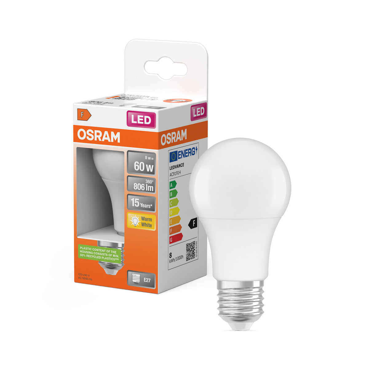 OSRAM LED LAMP WITH CLASSIC A in A-Form, LED-Lampe, Matt, 8,5 W, (ex 60 W), 806 lm, Warmweiß, 2700 K, 15000 h, CRI 80