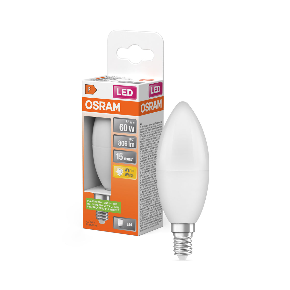 OSRAM LED PCR LAMP WITH CLASSIC B in B-Form, LED-Lampe, Matt, 7 W, (ex 60 W), 806 lm, Warmweiß, 2700 K, 15000 h, CRI 80