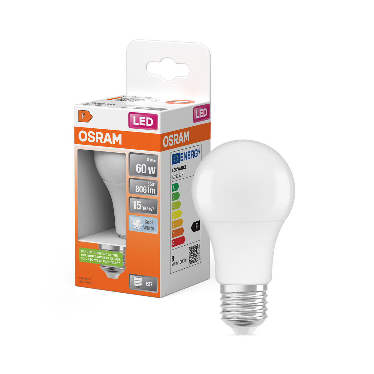 OSRAM LED CLASSIC A in A-Form, LED-Lampe, Matt, 8,5 W, (ex 60 W), 806 lm, Kaltweiß, 4000 K, 15000 h, CRI 80