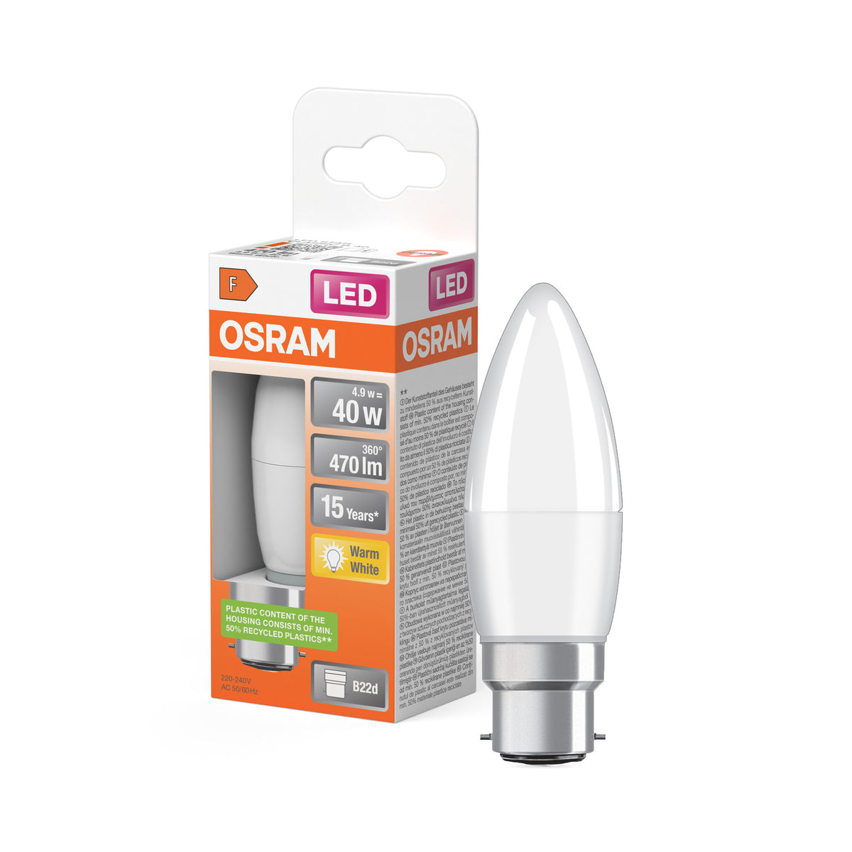 OSRAM LED PCR LAMP WITH CLASSIC B in B-Form, LED-Lampe, Matt, 4,9 W, (ex 40 W), 470 lm, Warmweiß, 2700 K, 15000 h, CRI ≥80