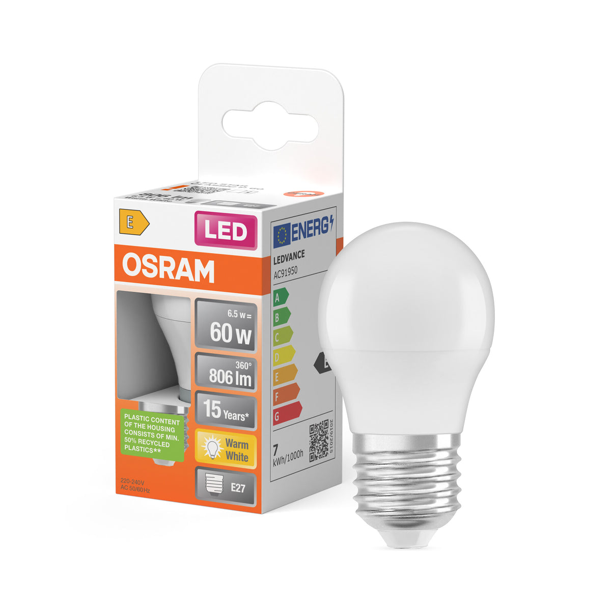 OSRAM LED PCR LAMP WITH CLASSIC P in P-Form, LED-Lampe, Matt, 7,5 W, (ex 60 W), 806 lm, Warmweiß, 2700 K, 15000 h, CRI 80