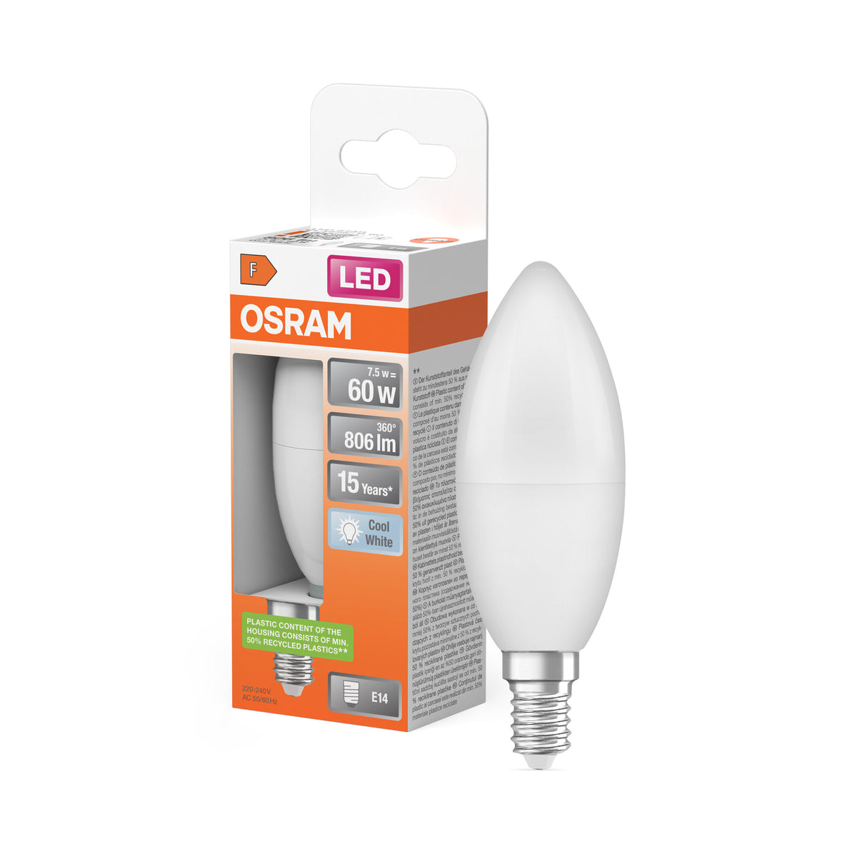 OSRAM LED PCR LAMP WITH CLASSIC B in B-Form, LED-Lampe, Matt, 7,5 W, (ex 60 W), 806 lm, Kaltweiß, 4000 K, 15000 h, CRI 80