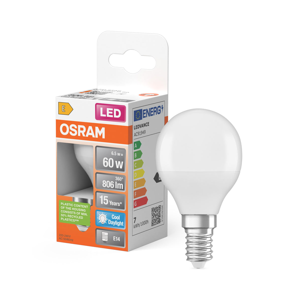 OSRAM LED PCR LAMP WITH CLASSIC P in P-Form, LED-Lampe, Matt, 7,5 W, (ex 60 W), 806 lm, Kaltweiß, 6500 K, 15000 h, CRI 80