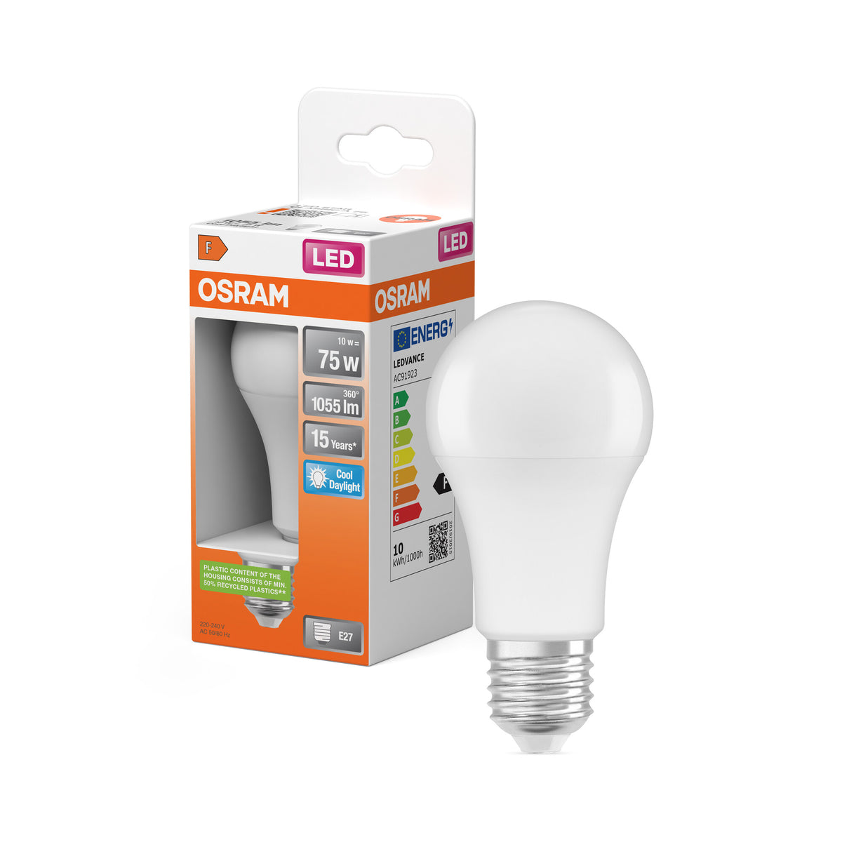 OSRAM LED PCR LAMP WITH CLASSIC A in A-Form, LED-Lampe, Matt, 10 W, (ex 75 W), 1055 lm, Kaltweiß, 6500 K, 10000 h, CRI 80