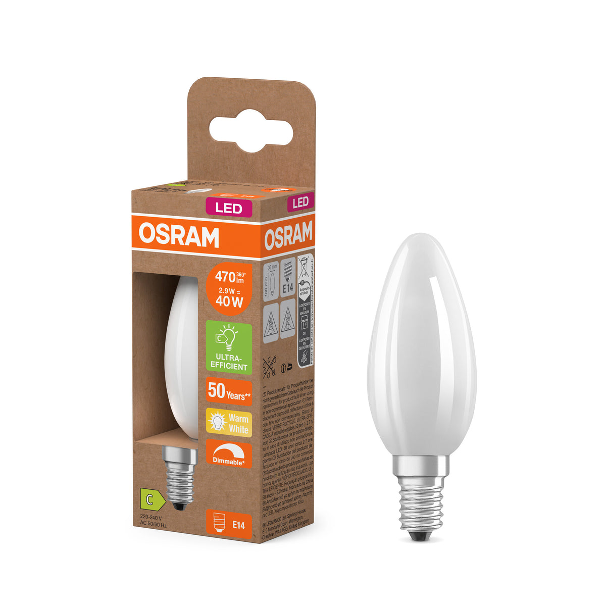 OSRAM LED CLASSIC B ENERGY EFFICIENCY C DIM in B-Form, LED-Lampe, Bleifreies Glas, Matt, 2,9 W, (ex 40 W), 470 lm, Warmweiß, 2700 K, Dimmbar, 50000 h, CRI 80