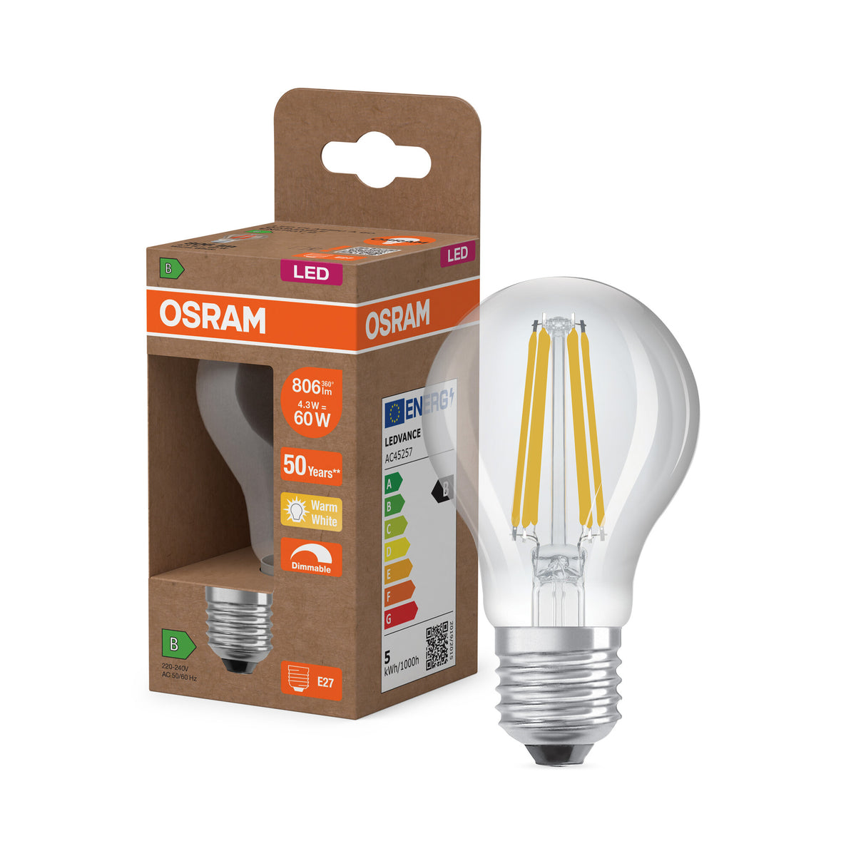 OSRAM LED CLASSIC A ENERGY EFFICIENCY B DIM in A-Form, LED-Lampe, Bleifreies Glas, Klar, 4,3 W, (ex 60 W), 806 lm, Warmweiß, 2700 K, Dimmbar, 50000 h, CRI 80