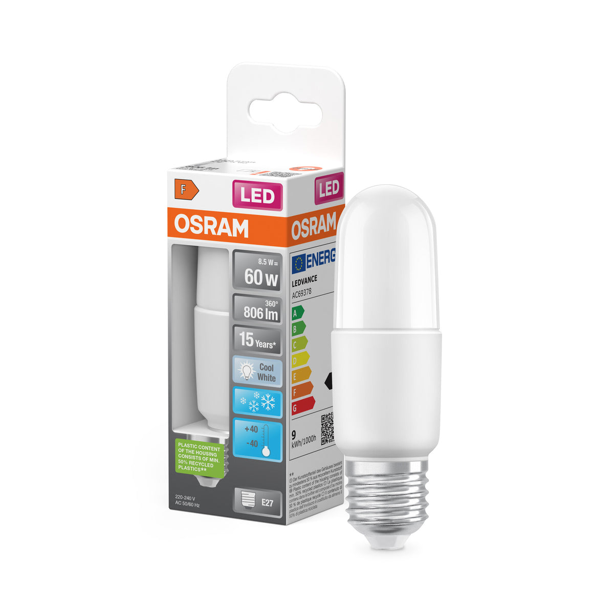 OSRAM LED PCR CLASSIC STICK LAMP in Stick-Form, LED-Lampe, Matt, 8 W, (ex 60 W), 806 lm, Kaltweiß, 4000 K, 15000 h, CRI ≥80