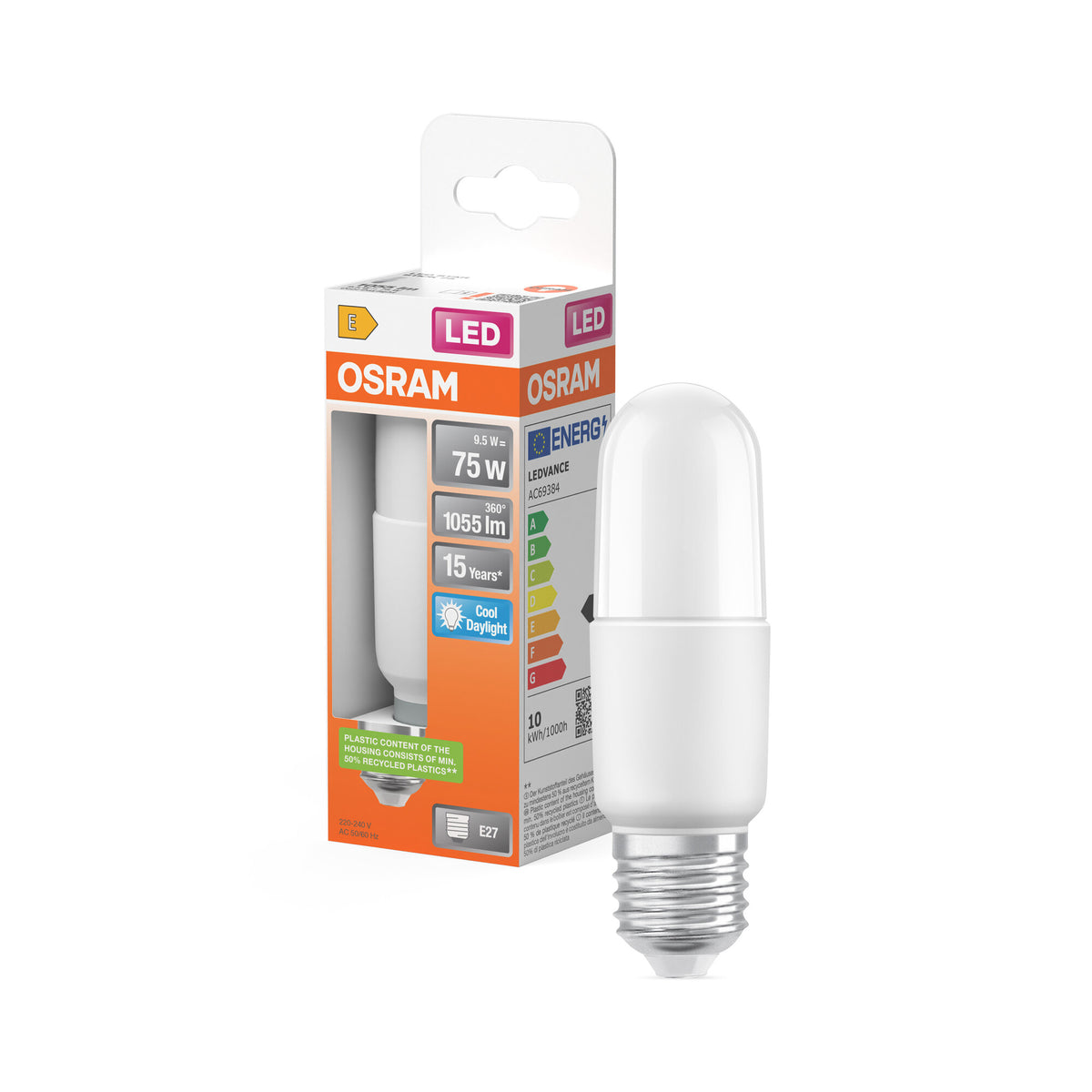 OSRAM LED PCR CLASSIC STICK LAMP , LED-Lampe, Matt, 9 W, (ex 75 W), 1050 lm, Kaltweiß, 6500 K, 15000 h, CRI 80