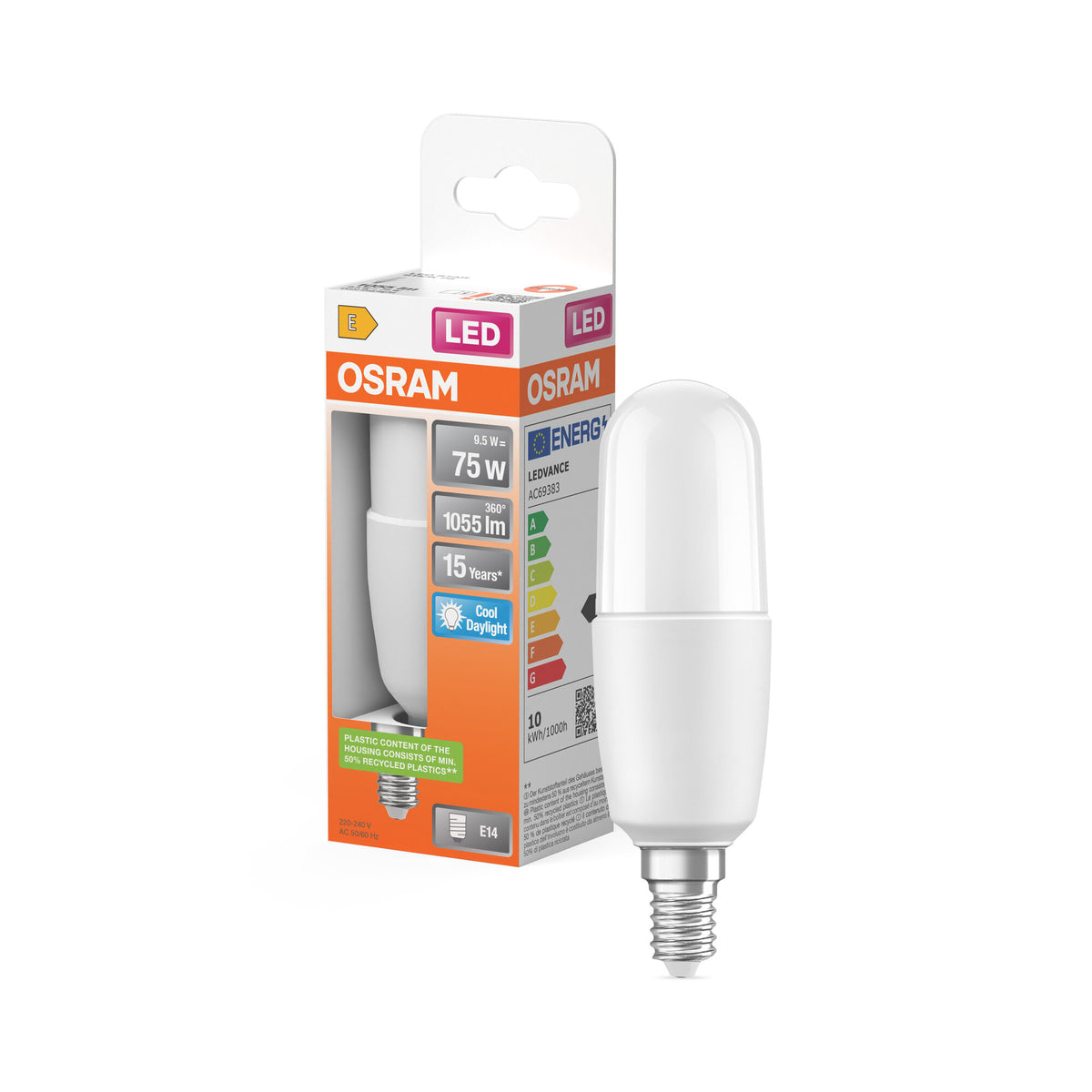 OSRAM LED PCR CLASSIC STICK LAMP , LED-Lampe, Matt, 9 W, (ex 75 W), 1050 lm, Kaltweiß, 6500 K, 15000 h, CRI 80