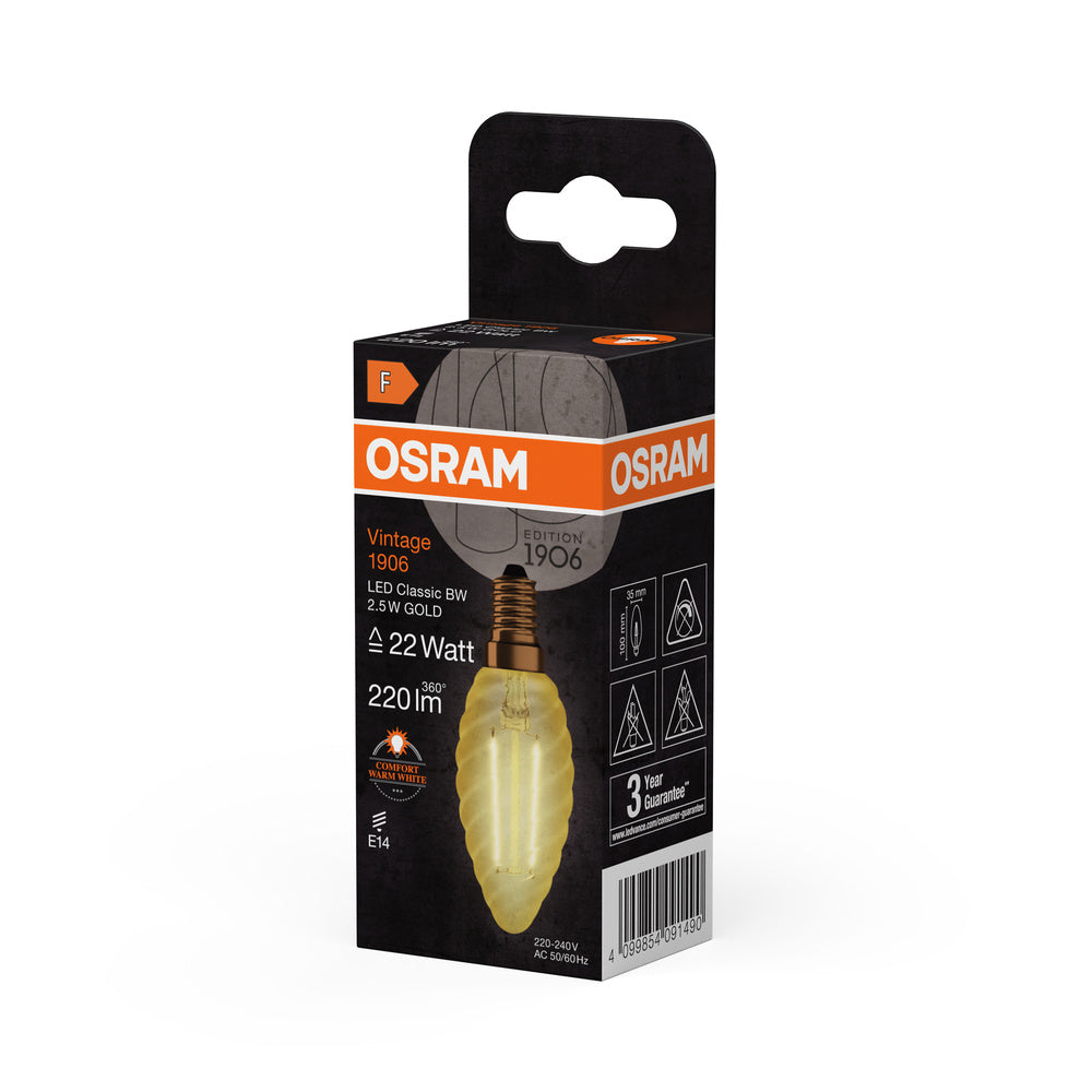 OSRAM VINTAGE 1906® LED Lampe LED CLASSIC B 2.5W 824 Gold E14 BW-Form, 220 lm, 2400 K, Warm Comfort Light-LEDVANCE Shop