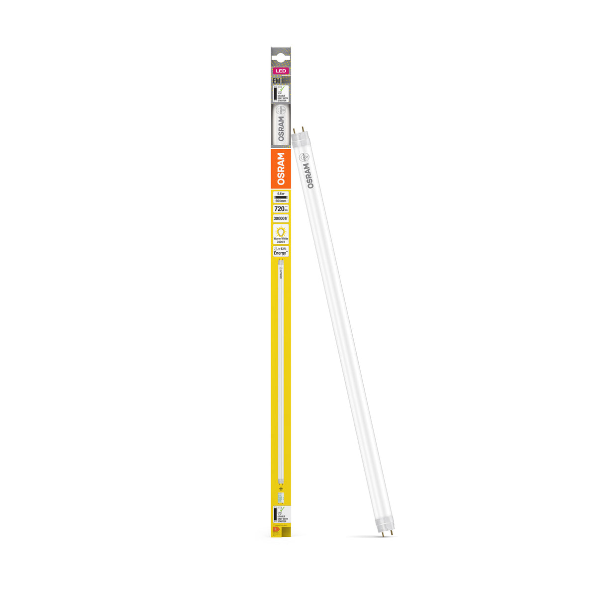 OSRAM LED TUBE T8 EM PLASTIC in Röhre, zweiseitig gesockelt-Form, LED-Röhre, Matt, 6,6 W, (ex 18 W), 720 lm, Warmweiß, 3000 K, 30000 h, CRI 80