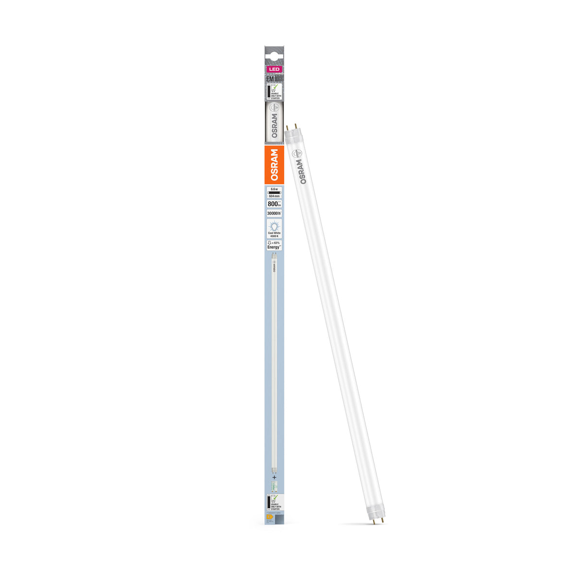 OSRAM LED TUBE T8 EM PLASTIC in Röhre, zweiseitig gesockelt-Form, LED-Röhre, Matt, 6,6 W, (ex 18 W), 800 lm, Kaltweiß, 4000 K, 30000 h, CRI 80