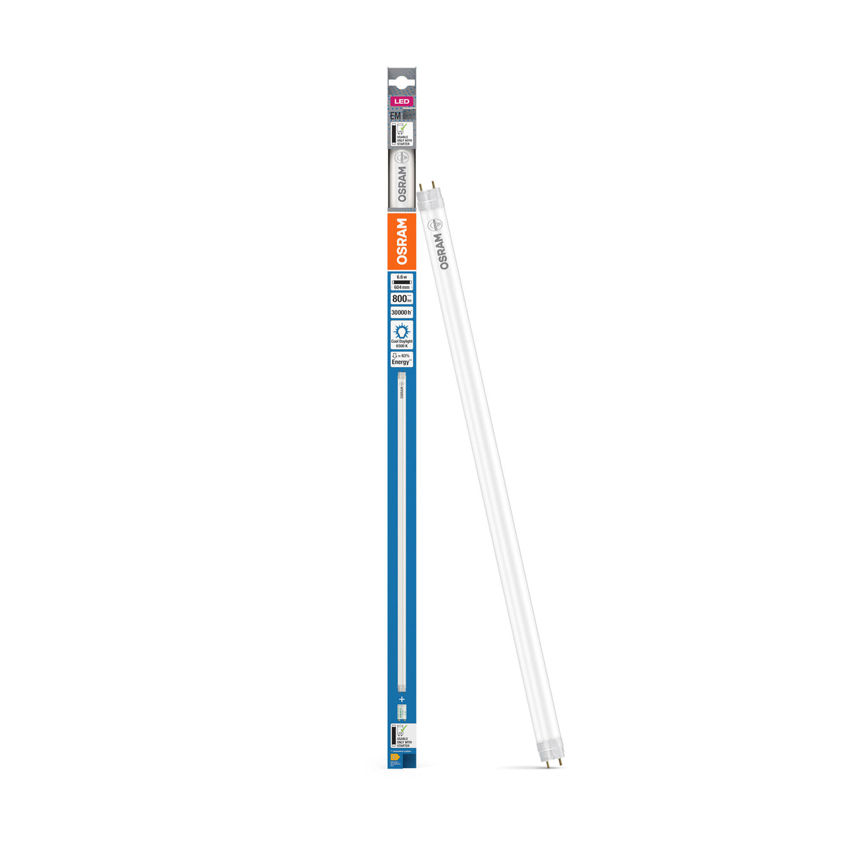 OSRAM LED TUBE T8 EM PLASTIC in Röhre, zweiseitig gesockelt-Form, LED-Röhre, Matt, 6,6 W, (ex 18 W), 800 lm, Kaltweiß, 6500 K, 30000 h, CRI 80