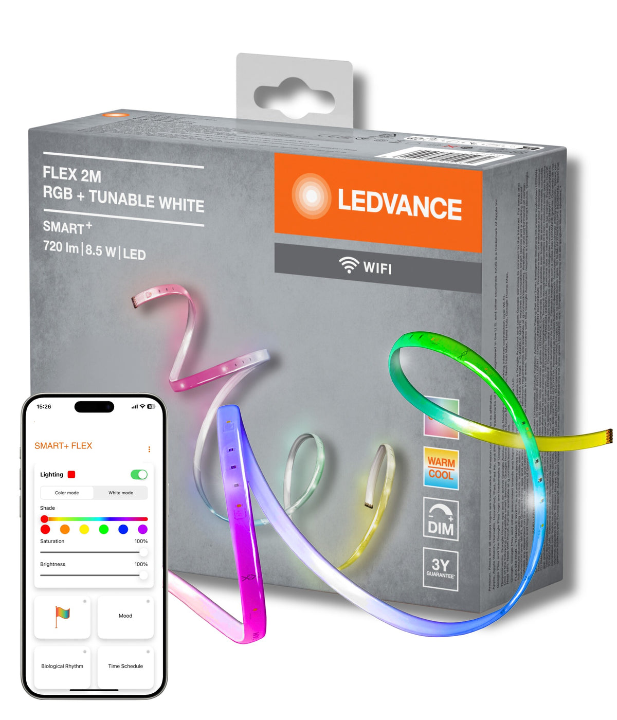 LEDVANCE SMART+ Wifi Flex dekorative LED-Strips 2M RGB + TW, Transparent aus Silikon, IP20-Schutz, für Wohnräume zur indirekten Beleuchtung