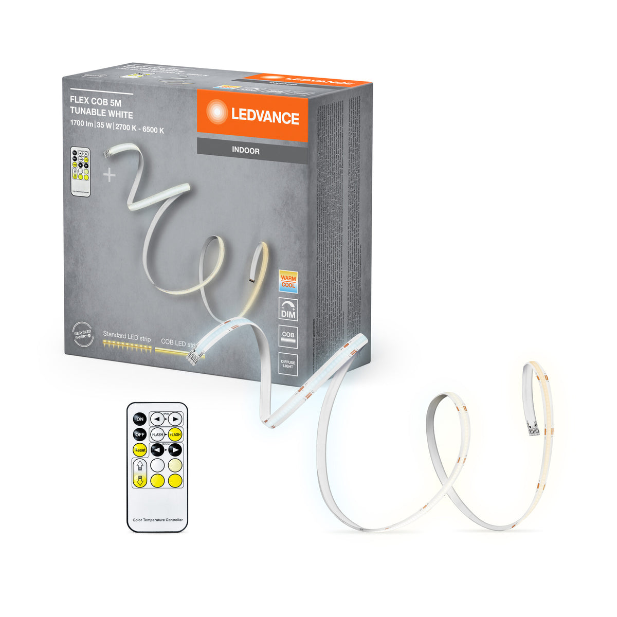 LEDVANCE FLEX COB 5M LED-Streifen TW RC, gelb, 30W, 1700lm, warm- bis kaltweiß steuerbar, COB-Technologie, homogene Lichtverteilung, mit Fernbedienung, lange Lebensdauer, einfache Montage, IP20